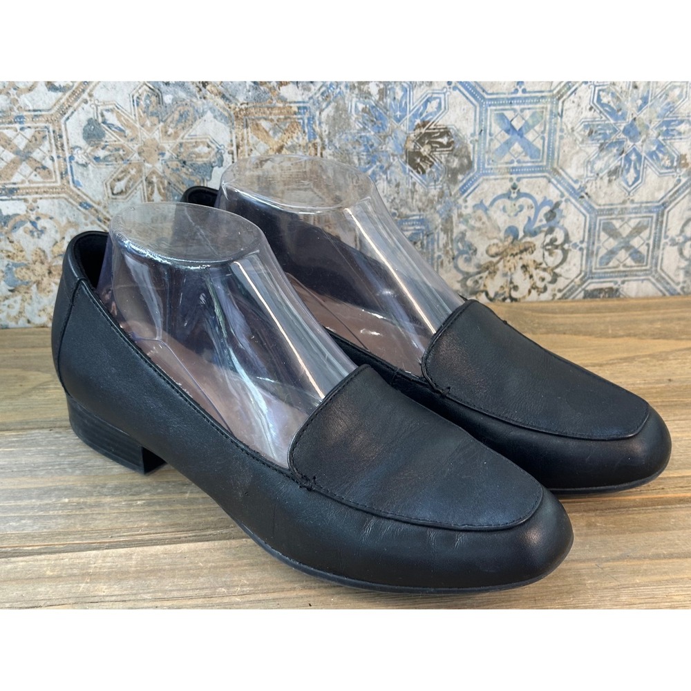 Clarks Loafers Leather Slip On Block Heel Womens 8 Black Excellent
